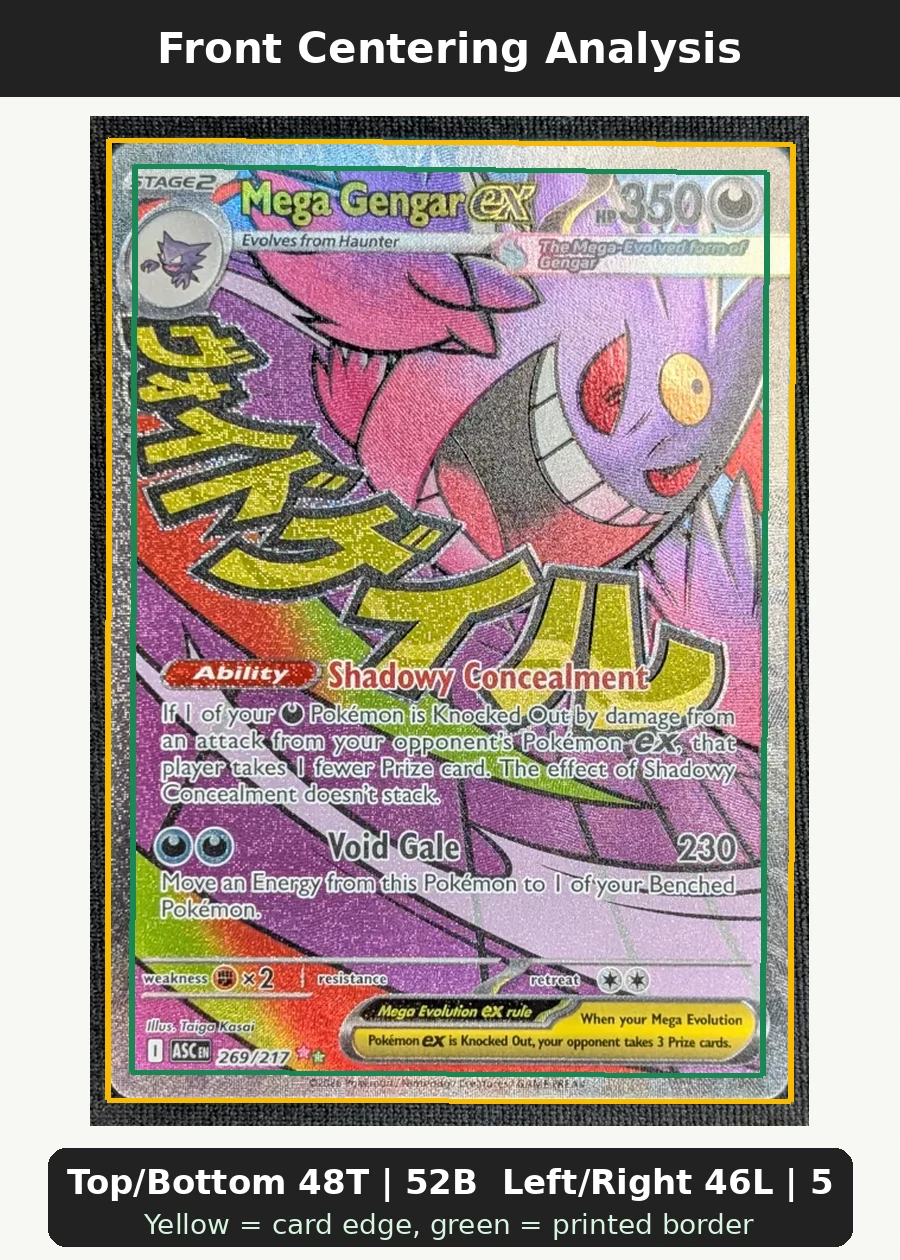 Mega Gengar ex 269/217 Ascended Heroes front centering analysis showing Top/Bottom 48T | 52B and Left/Right 46L | 54R.