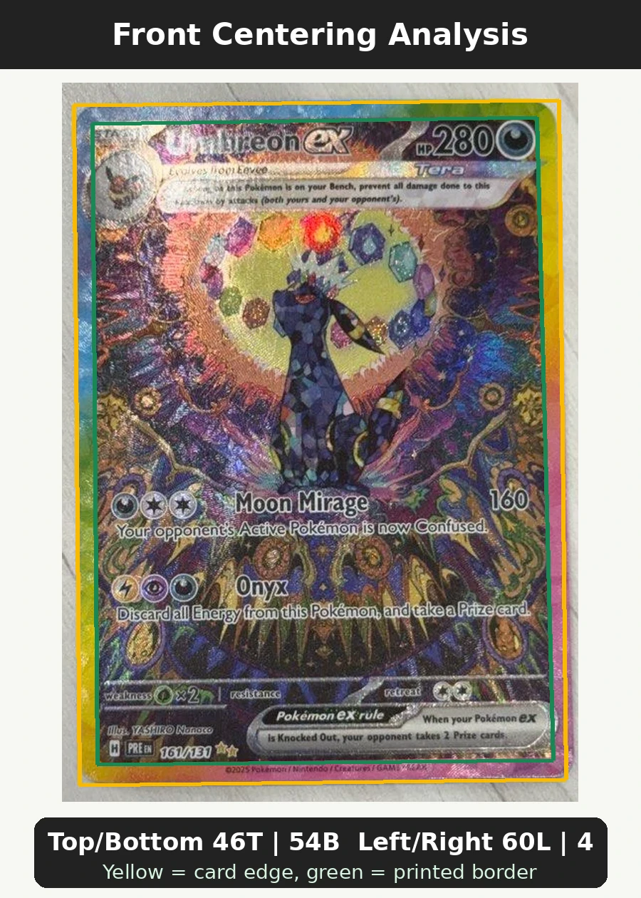 Umbreon ex 161/131 Prismatic Evolutions front centering analysis showing Top/Bottom 46T | 54B and Left/Right 60L | 40R.