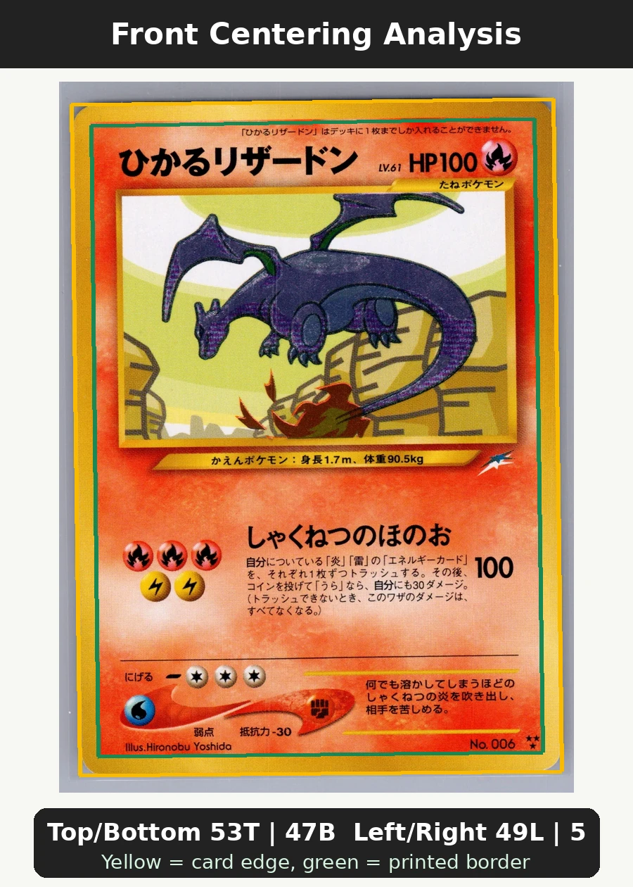Shining Charizard 107/105 Neo Destiny front centering analysis showing Top/Bottom 53T | 47B and Left/Right 49L | 51R.