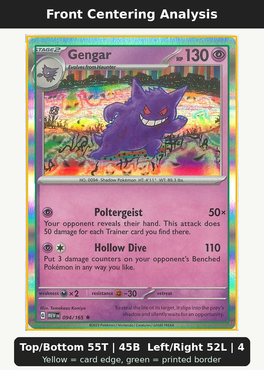 Gengar 094/165 151 front centering analysis showing Top/Bottom 55T | 45B and Left/Right 52L | 48R.