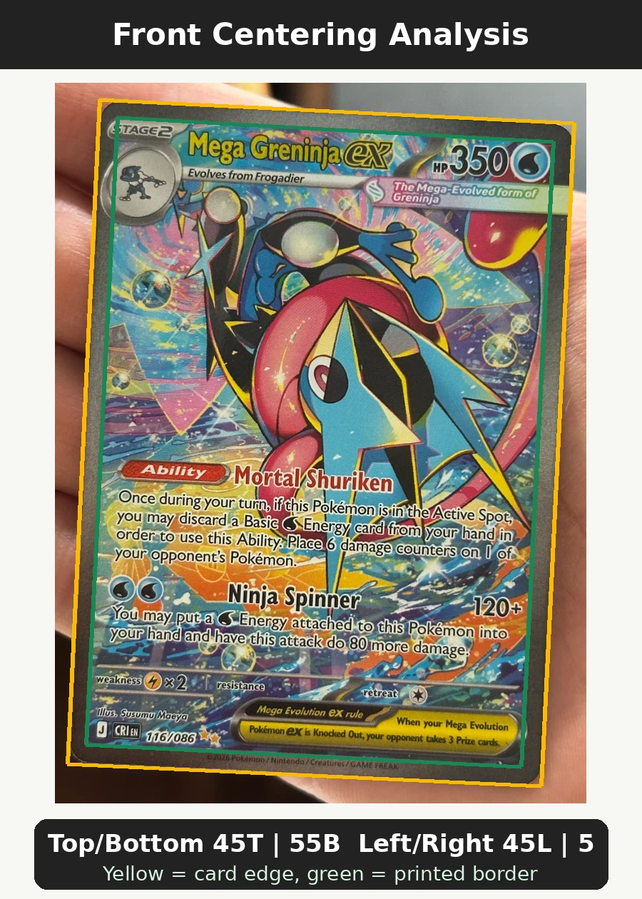 Mega Greninja ex 116/86 Chaos Rising front centering analysis showing Top/Bottom 45T | 55B and Left/Right 45L | 55R.