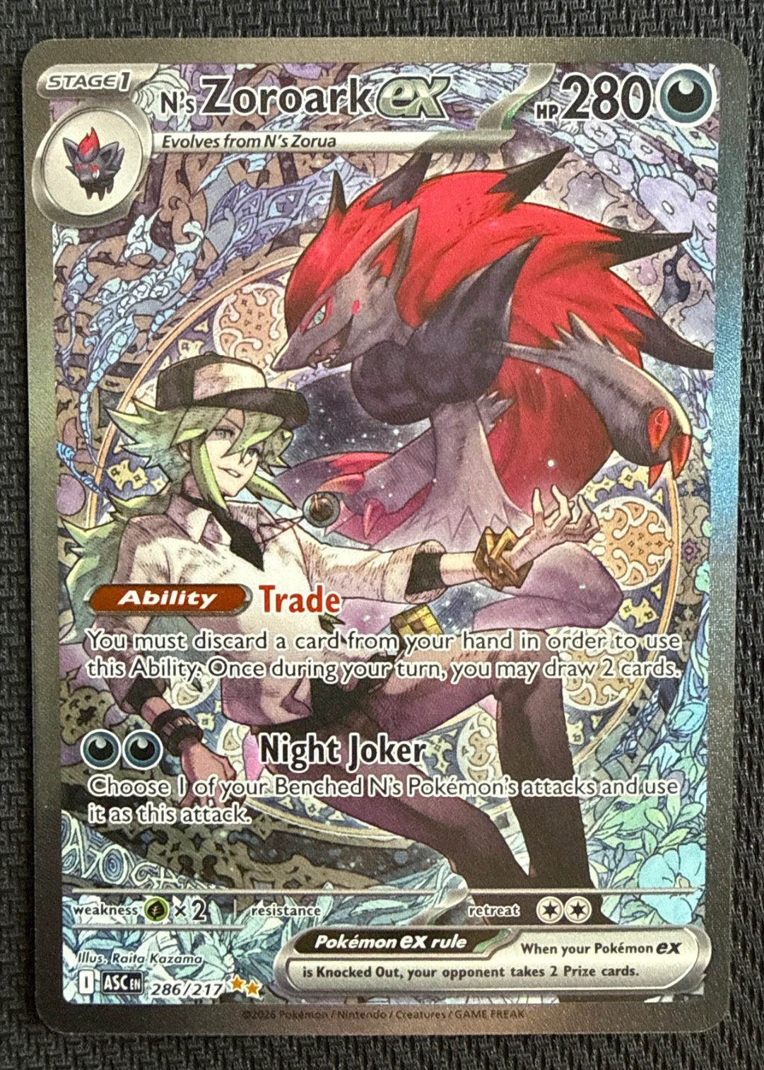 N's Zoroark ex 286/217 Ascended Heroes front card photo in PokeToGrade pregrading report