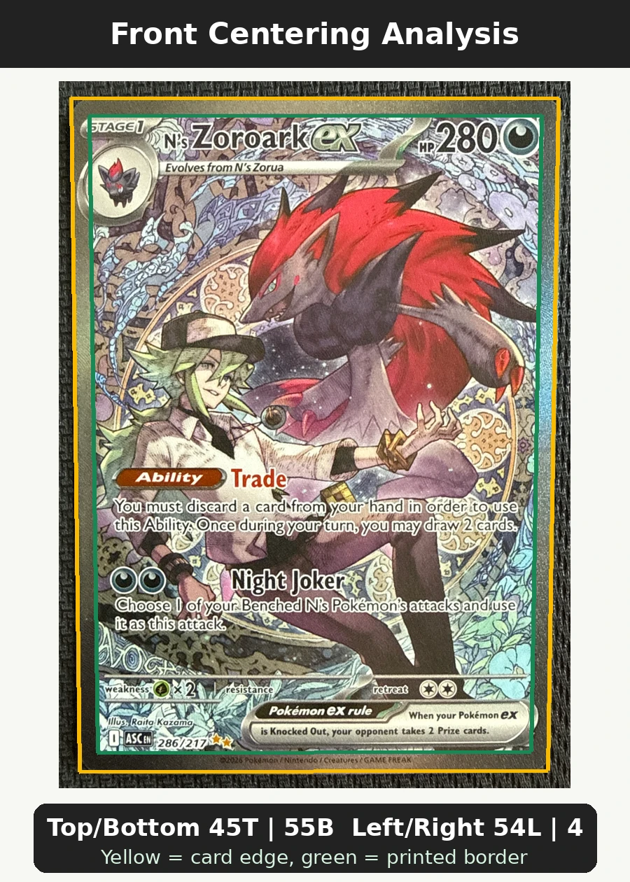 N's Zoroark ex 286/217 Ascended Heroes front centering analysis showing Top/Bottom 45T | 55B and Left/Right 54L | 46R.