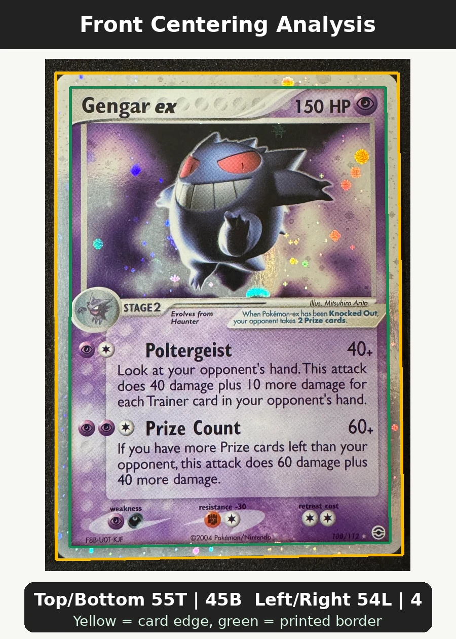 Gengar ex 108/112 FireRed & LeafGreen front centering analysis showing Top/Bottom 55T | 45B and Left/Right 54L | 46R.