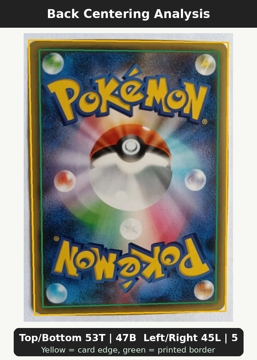 Mew 017 XY110 XY Black Star Promos back centering analysis showing Top/Bottom 53T | 47B and Left/Right 45L | 55R.