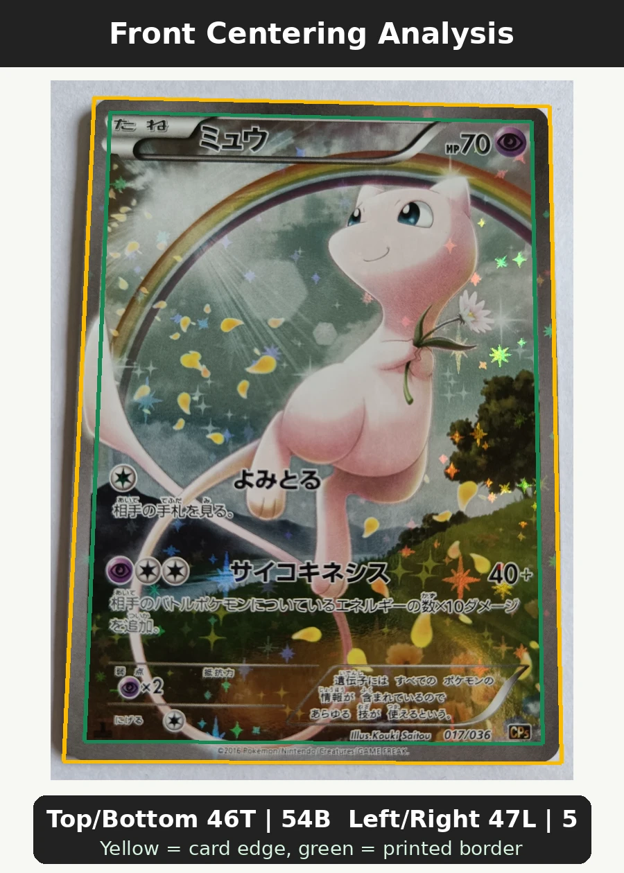 Mew 017 XY110 XY Black Star Promos front centering analysis showing Top/Bottom 46T | 54B and Left/Right 47L | 53R.