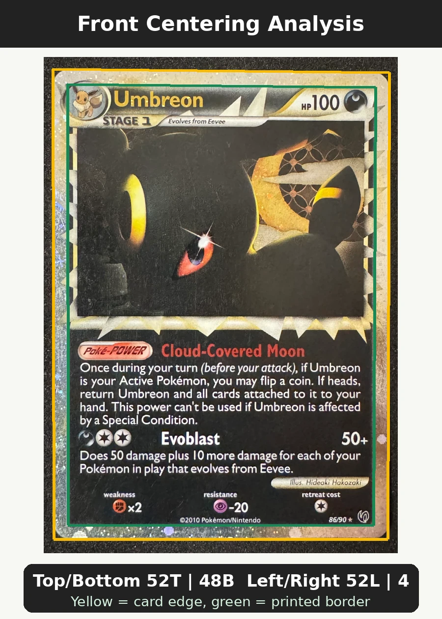 Umbreon 086/90 Undaunted front centering analysis showing Top/Bottom 52T | 48B and Left/Right 52L | 48R.