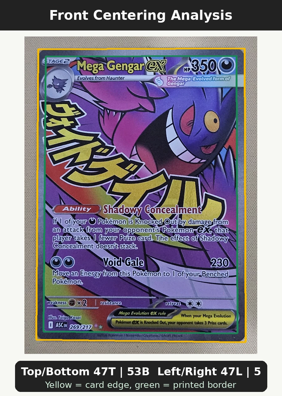 Mega Gengar ex 269/217 Ascended Heroes front centering analysis showing Top/Bottom 47T | 53B and Left/Right 47L | 53R.