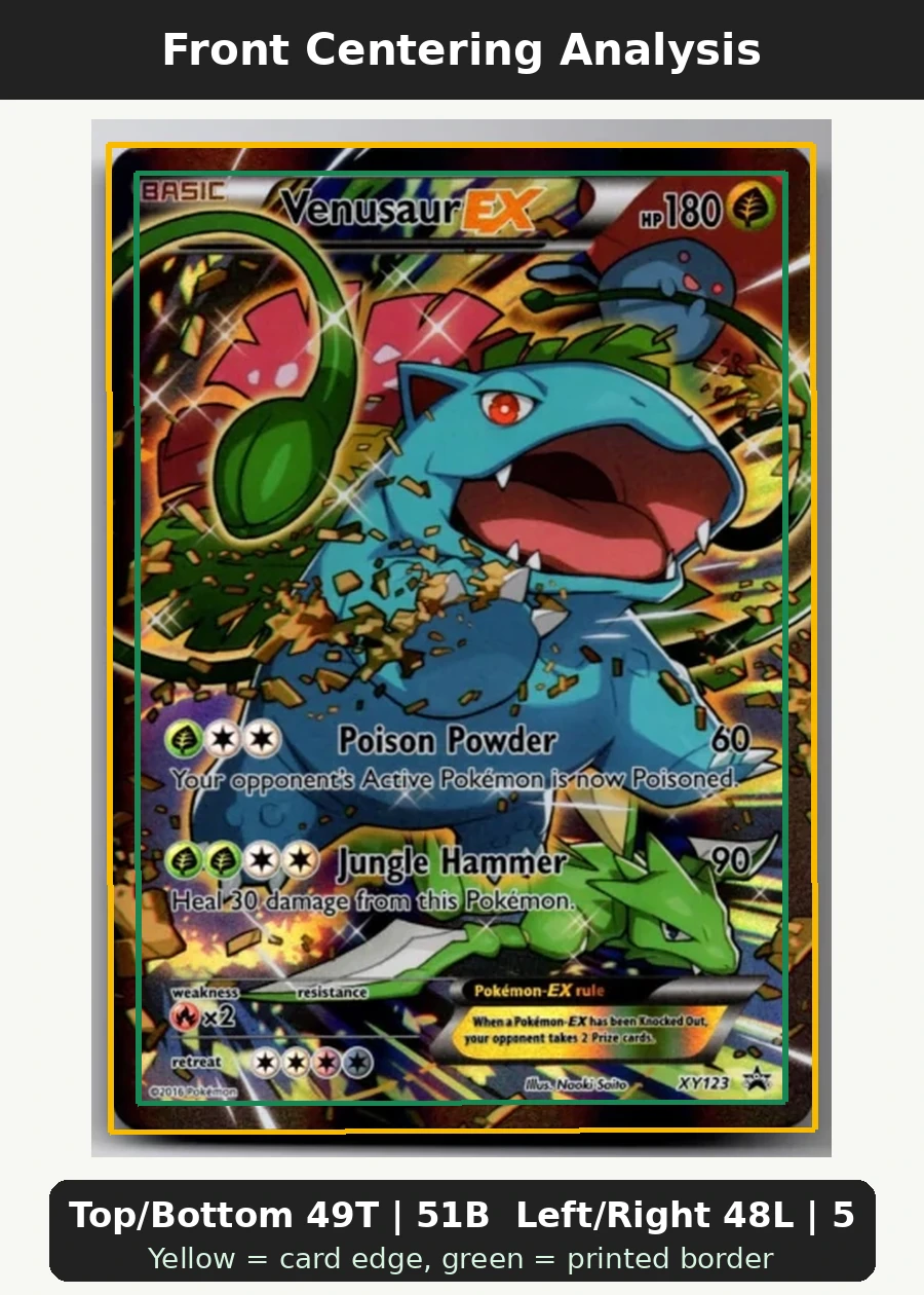 Venusaur EX XY123/211 XY Black Star Promos front centering analysis showing Top/Bottom 49T | 51B and Left/Right 48L | 52R.