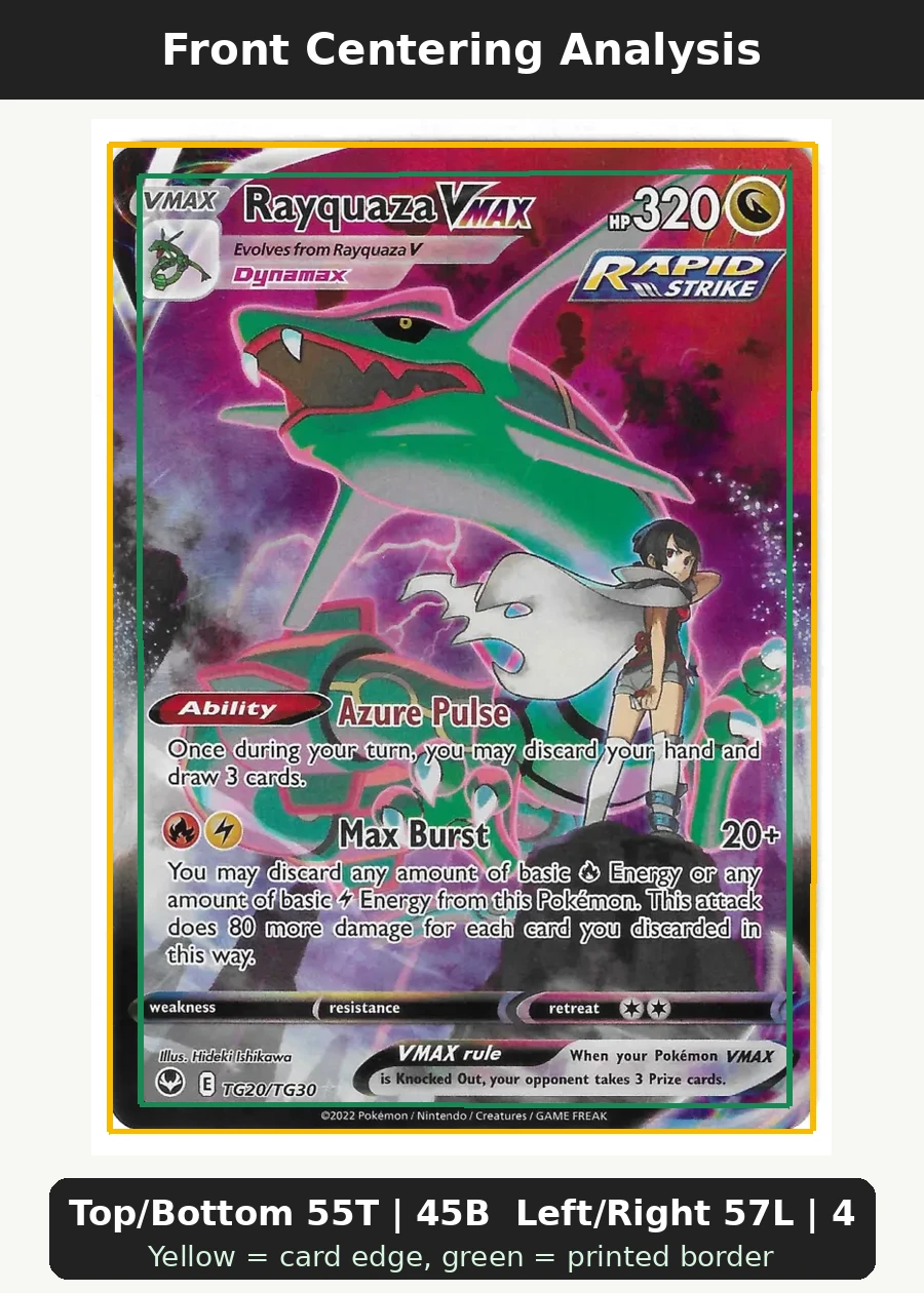 Rayquaza VMAX TG20/195 Silver Tempest front centering analysis showing Top/Bottom 55T | 45B and Left/Right 57L | 43R.