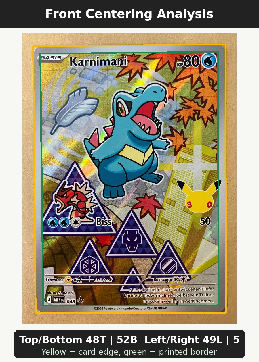 Bulbasaur 037 MEP Black Star Promos front centering analysis showing Top/Bottom 48T | 52B and Left/Right 49L | 51R.