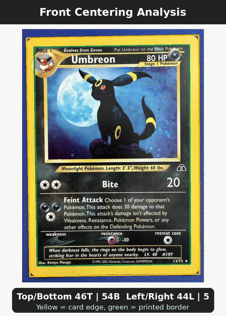Umbreon 013/75 Neo Discovery front centering analysis showing Top/Bottom 46T | 54B and Left/Right 44L | 56R.