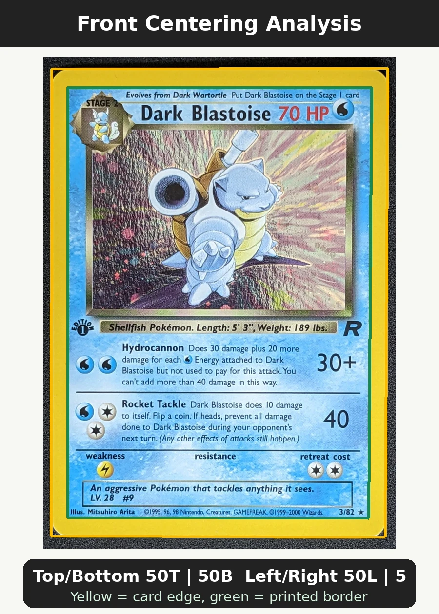 Dark Blastoise 003/82 · First Edition Stamp Team Rocket front centering analysis showing Top/Bottom 50T | 50B and Left/Right 50L | 50R.