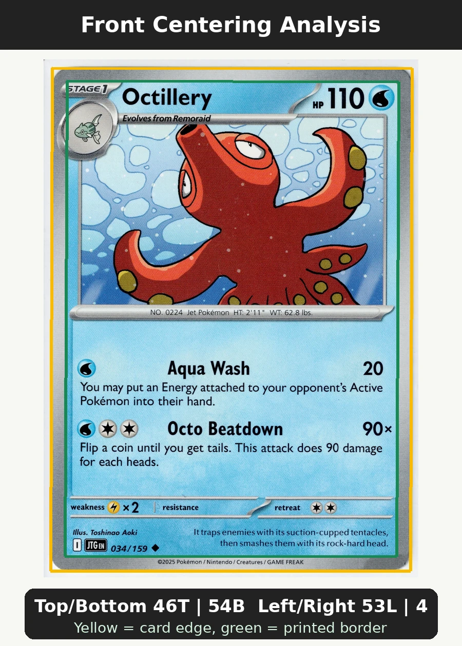 Octillery 034/159 Journey Together front centering analysis showing Top/Bottom 46T | 54B and Left/Right 53L | 47R.
