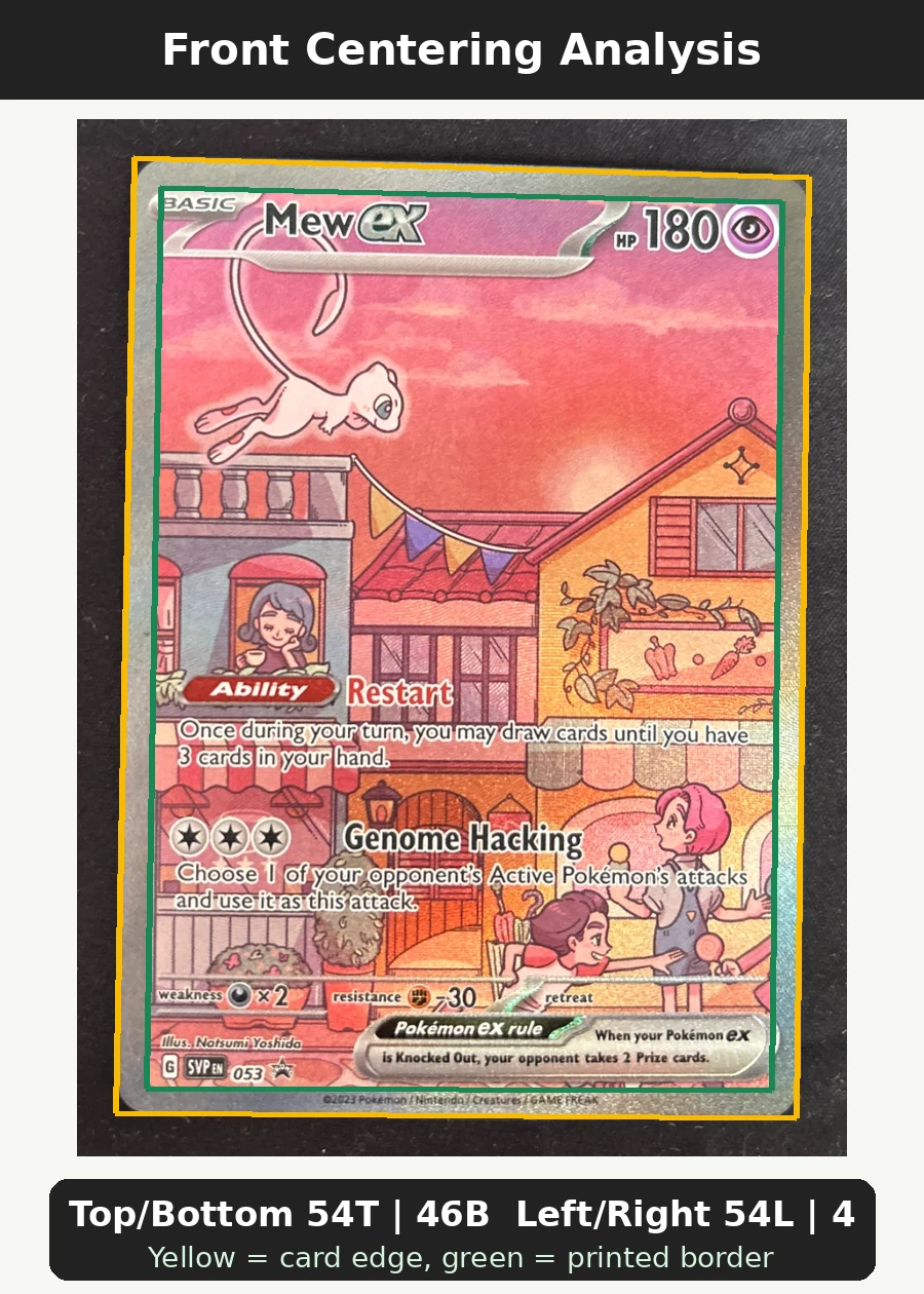 Mew ex 053/225 SVP Black Star Promos front centering analysis showing Top/Bottom 54T | 46B and Left/Right 54L | 46R.