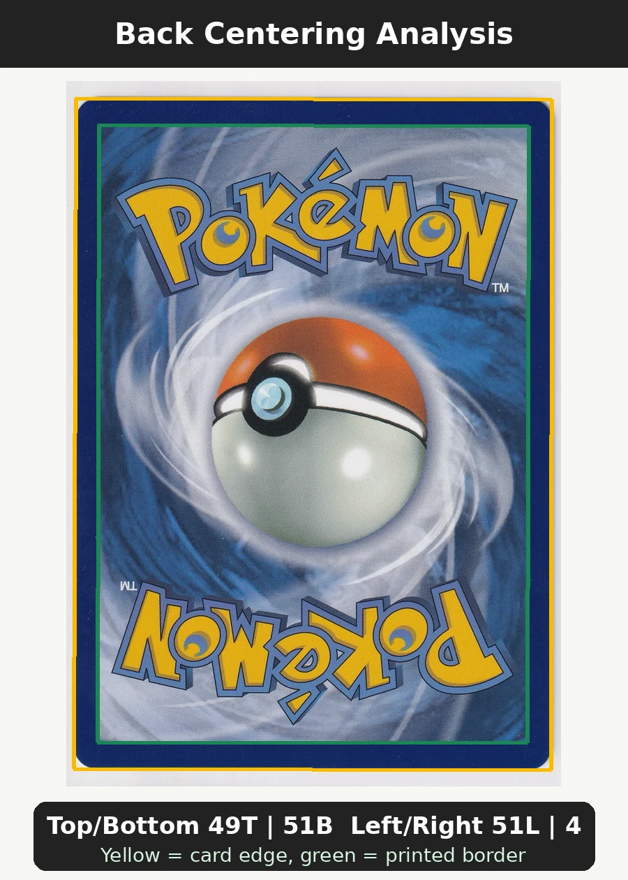 Mega Charizard X ex 023 MEP Black Star Promos back centering analysis showing Top/Bottom 49T | 51B and Left/Right 51L | 49R.
