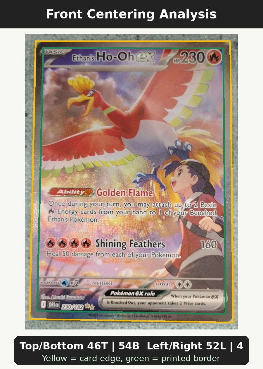 Ethan's Ho-Oh ex 230/182 Destined Rivals front centering analysis showing Top/Bottom 46T | 54B and Left/Right 52L | 48R.