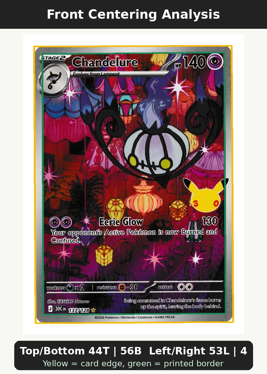 Chandelure 137/128 30th Celebration front centering analysis showing Top/Bottom 44T | 56B and Left/Right 53L | 47R.