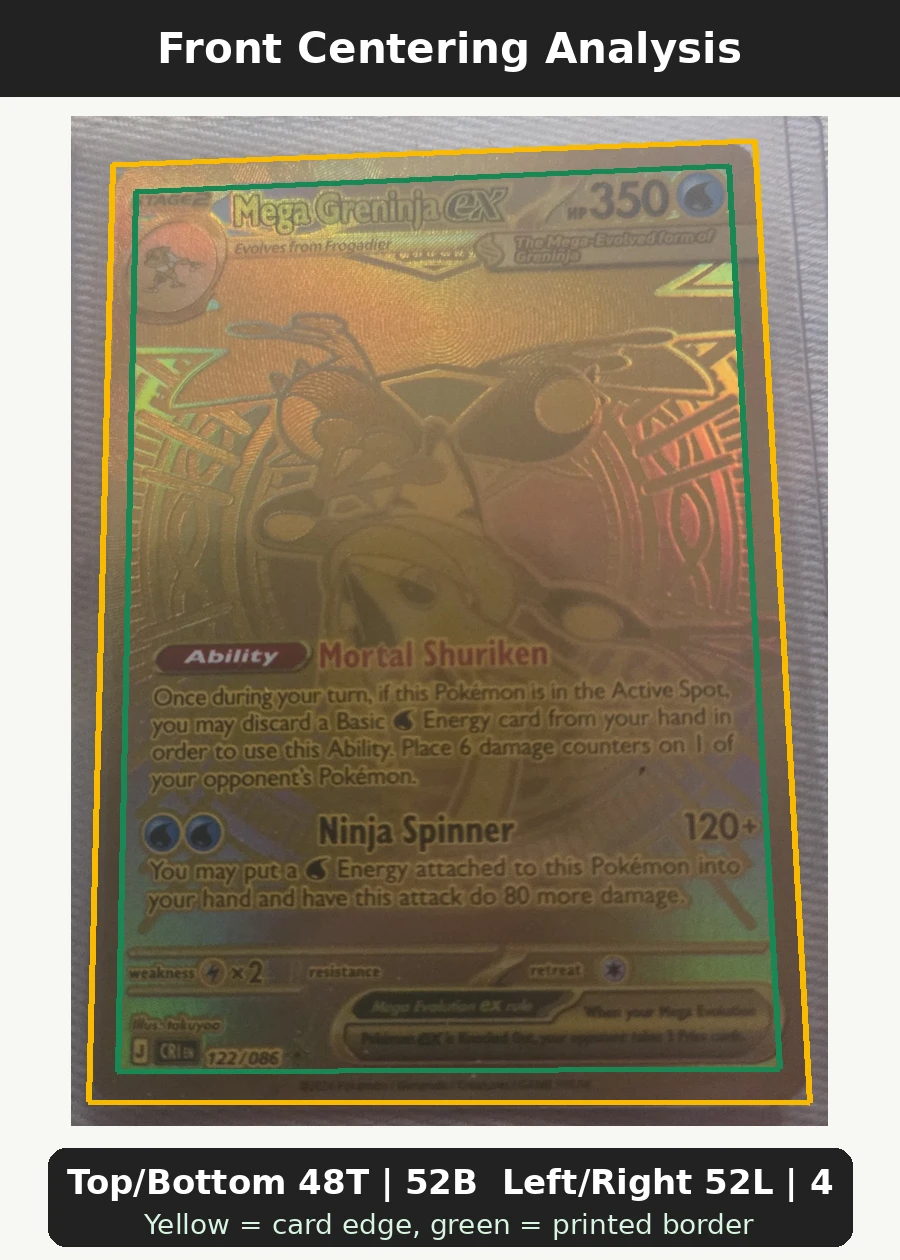 Mega Greninja ex 122/86 Chaos Rising front centering analysis showing Top/Bottom 48T | 52B and Left/Right 52L | 48R.