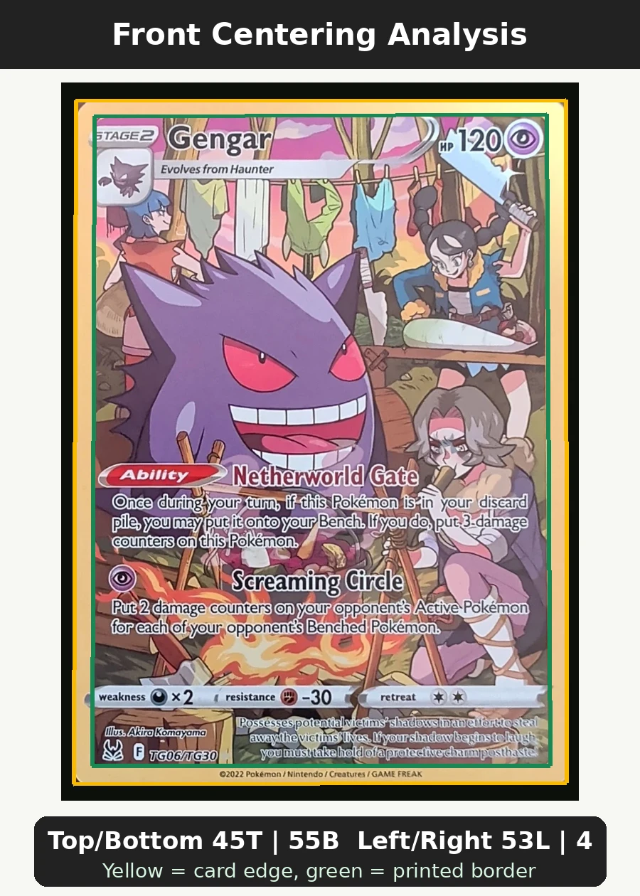 Gengar TG06/196 Lost Origin front centering analysis showing Top/Bottom 45T | 55B and Left/Right 53L | 47R.