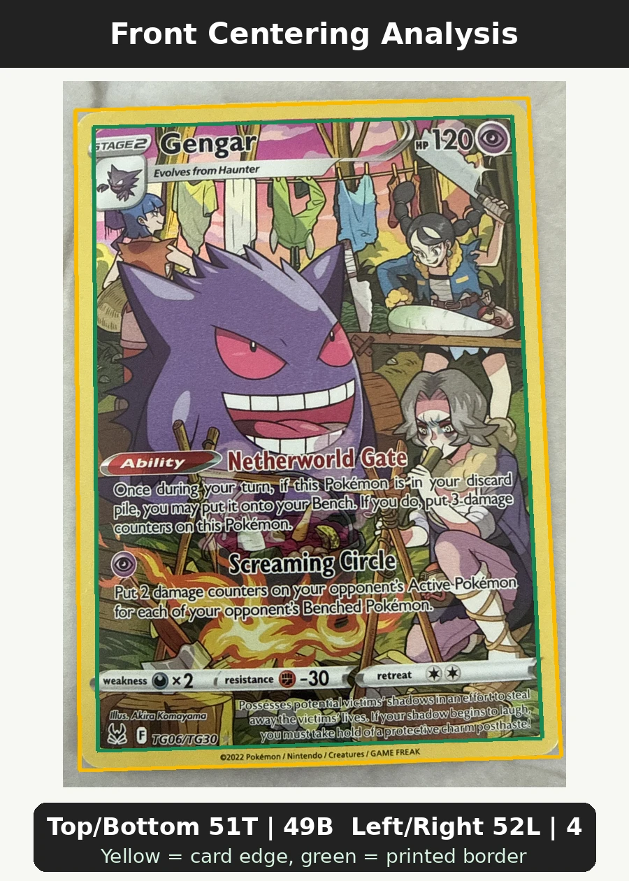 Gengar TG06/196 Lost Origin front centering analysis showing Top/Bottom 51T | 49B and Left/Right 52L | 48R.