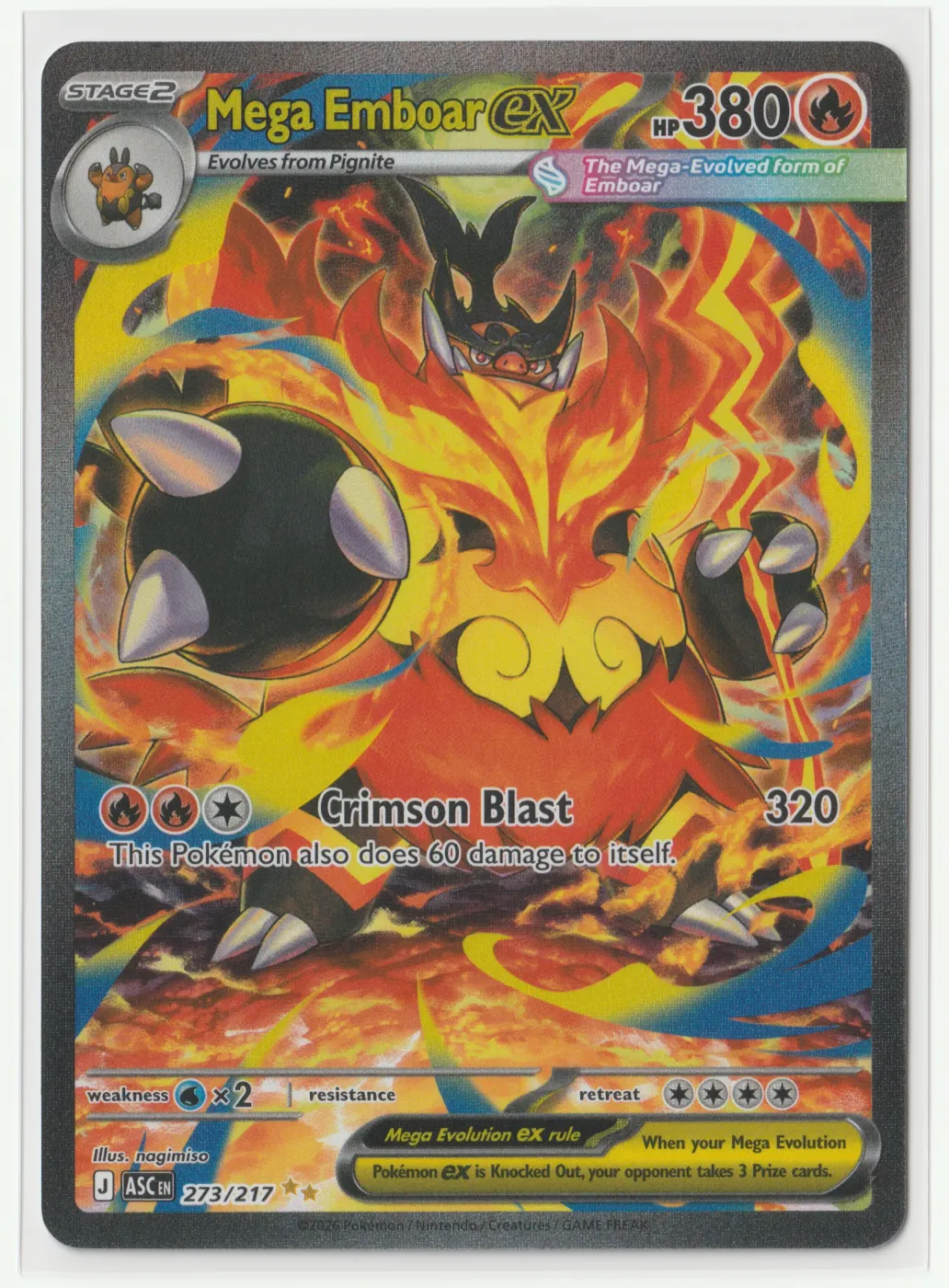 Mega Emboar ex 273/217 Ascended Heroes front card photo in PokeToGrade pregrading report