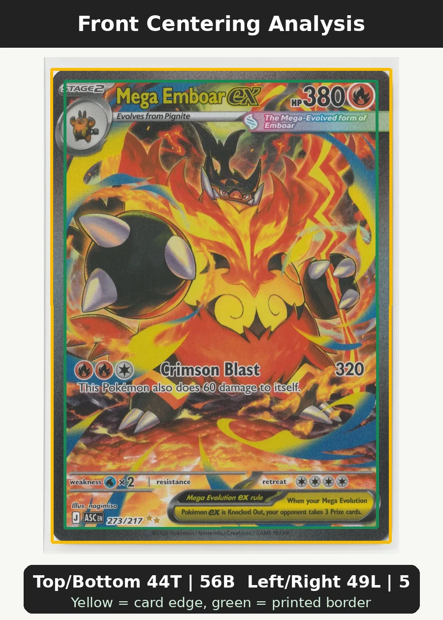 Mega Emboar ex 273/217 Ascended Heroes front centering analysis showing Top/Bottom 44T | 56B and Left/Right 49L | 51R.
