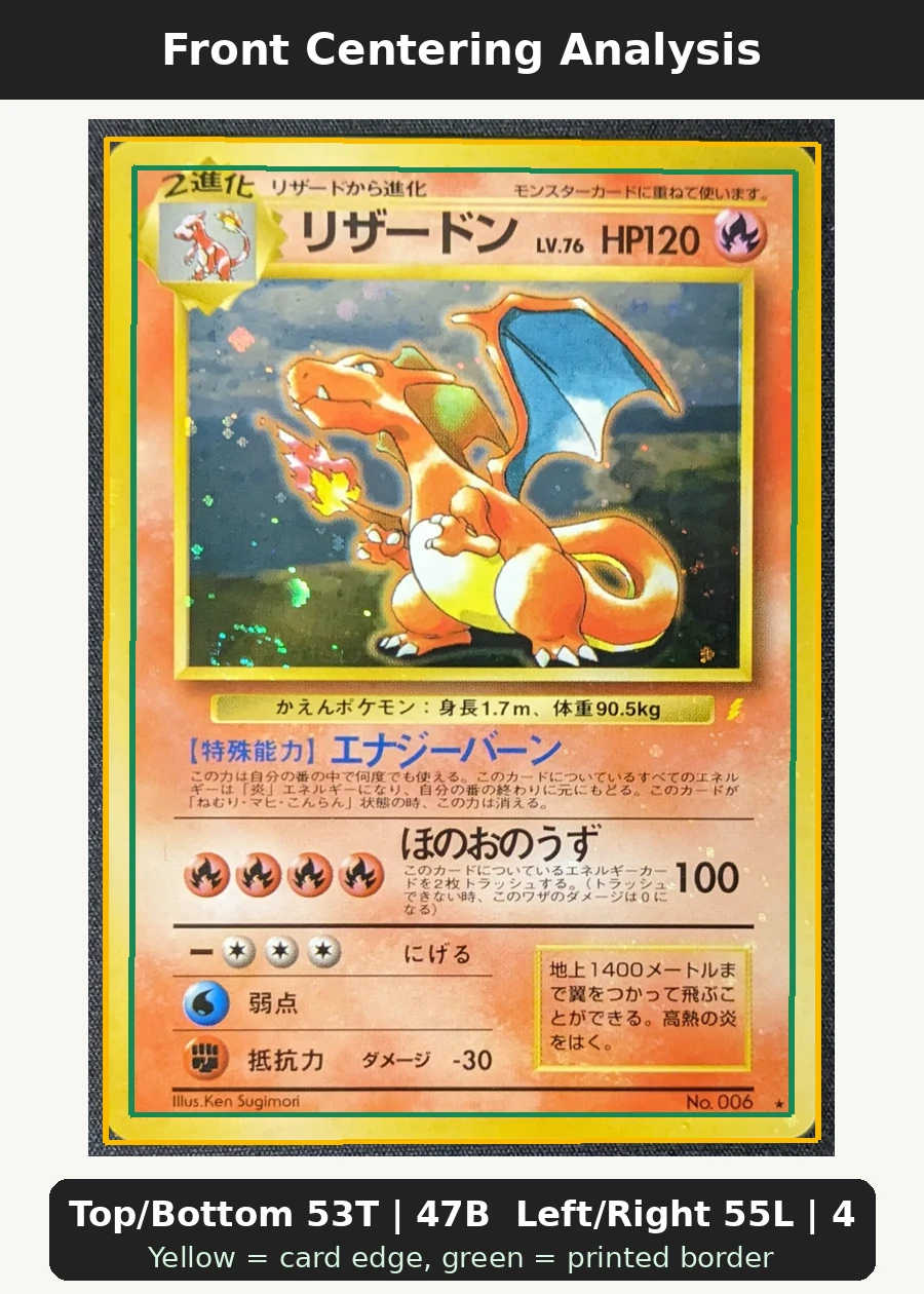 Charizard #6 110 Japanese CD Promos front centering analysis showing Top/Bottom 53T | 47B and Left/Right 55L | 45R.