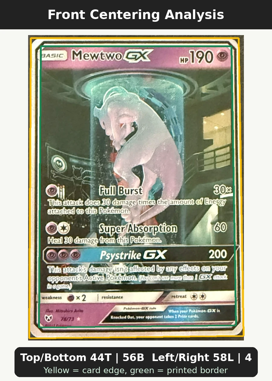 Mewtwo GX 078/73 Shining Legends front centering analysis showing Top/Bottom 44T | 56B and Left/Right 58L | 42R.