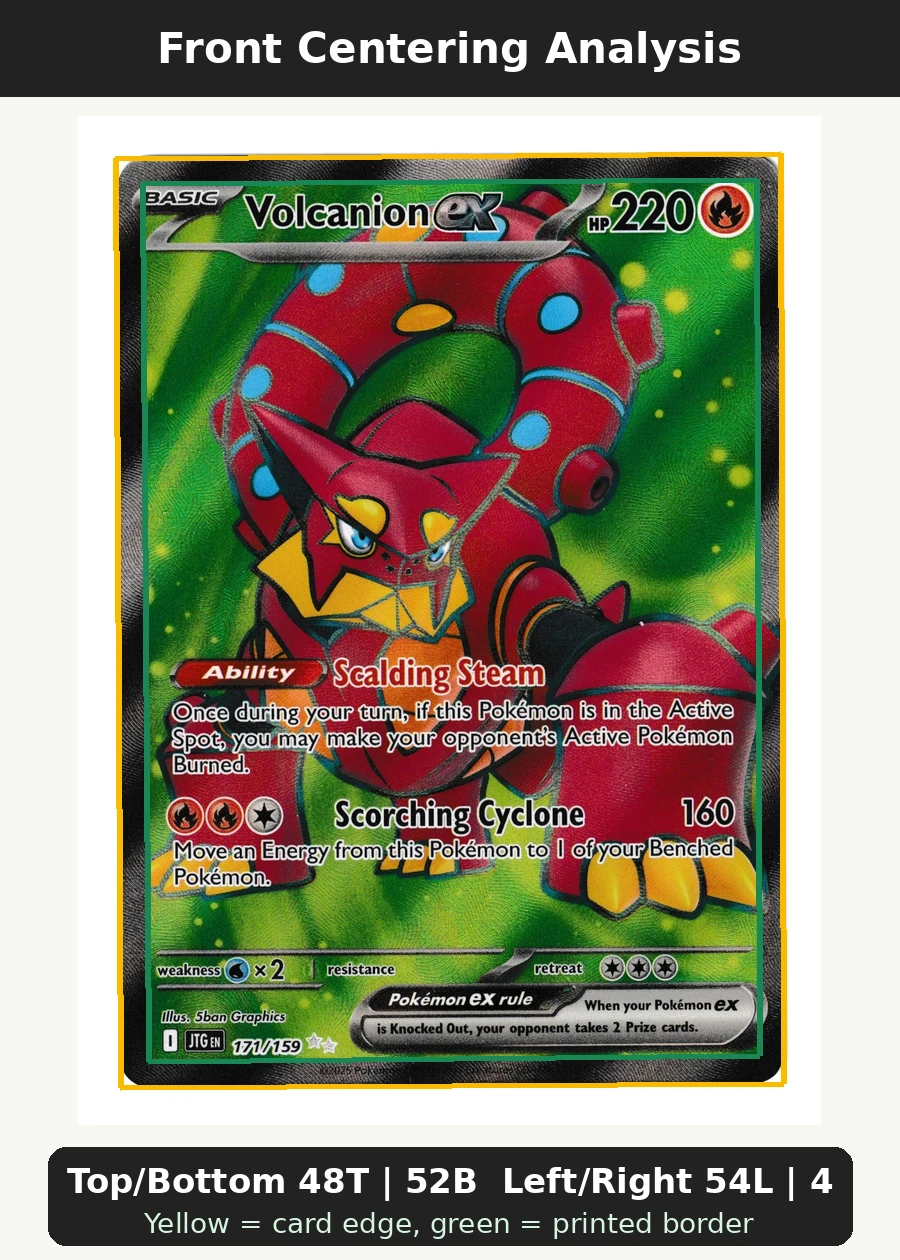 Volcanion ex 171/159 Journey Together front centering analysis showing Top/Bottom 48T | 52B and Left/Right 54L | 46R.