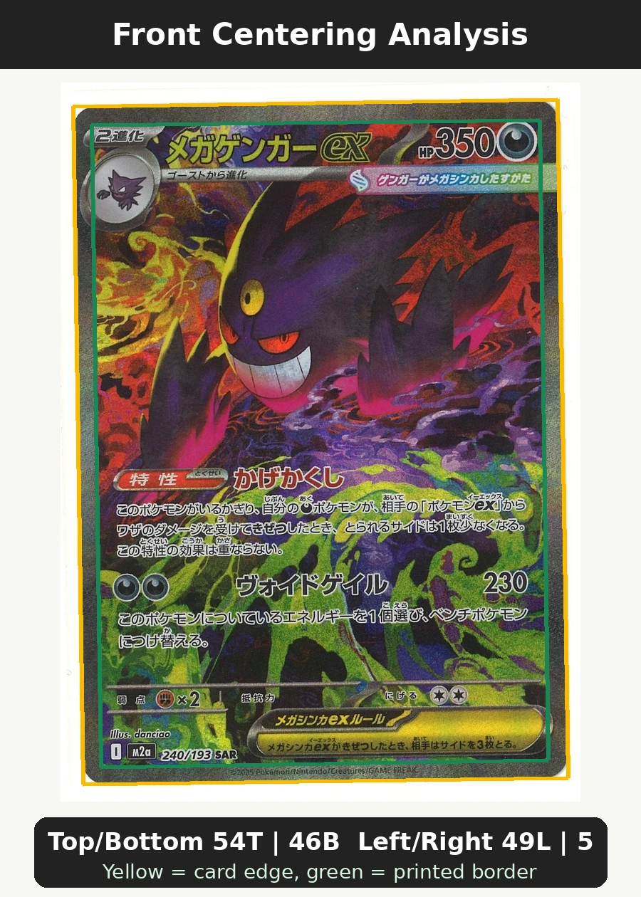 Mega Gengar ex 240/193 MEGA Dream ex front centering analysis showing Top/Bottom 54T | 46B and Left/Right 49L | 51R.