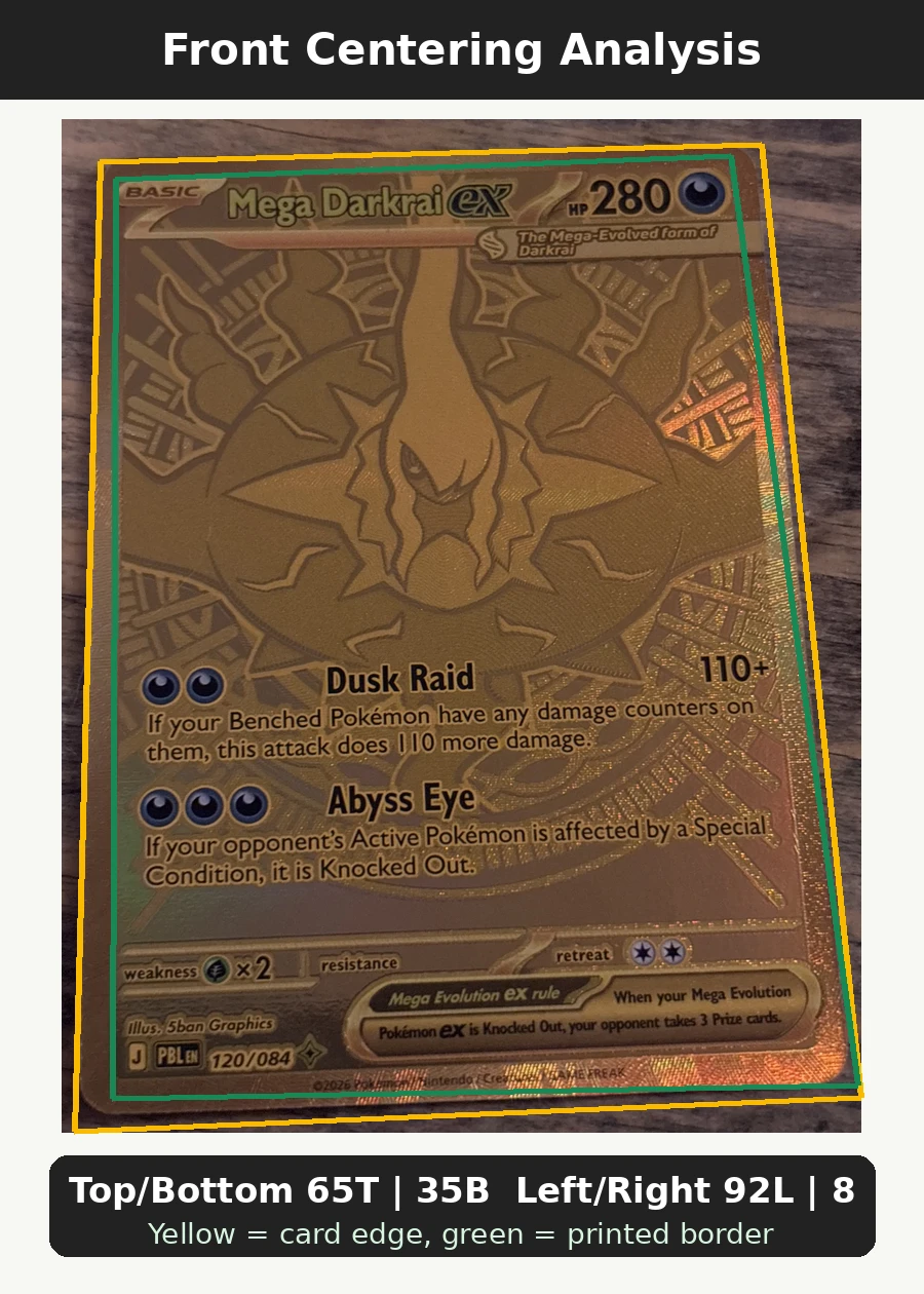 Mega Darkrai ex 120/84 Pitch Black front centering analysis showing Top/Bottom 65T | 35B and Left/Right 92L | 8R.