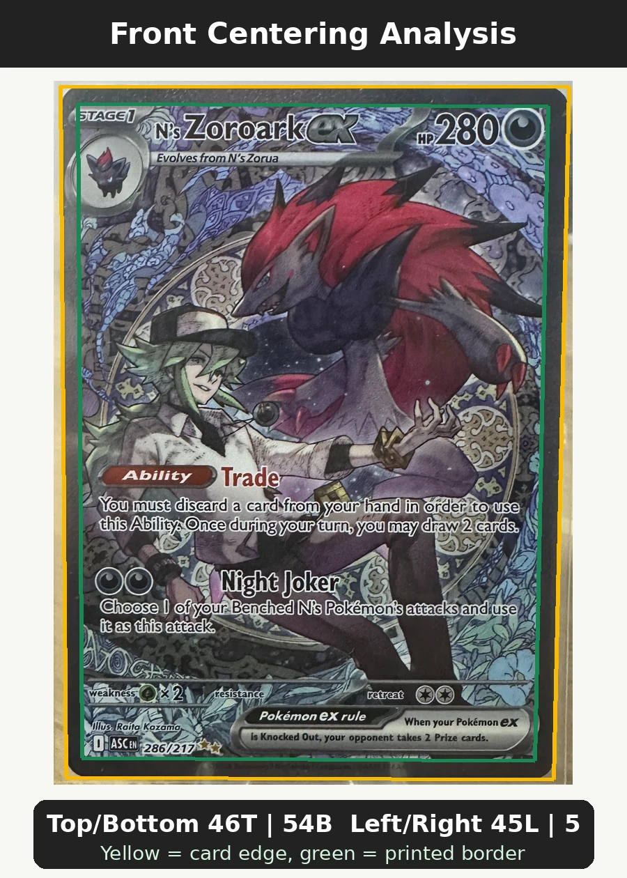 N's Zoroark ex 286/217 Ascended Heroes front centering analysis showing Top/Bottom 46T | 54B and Left/Right 45L | 55R.