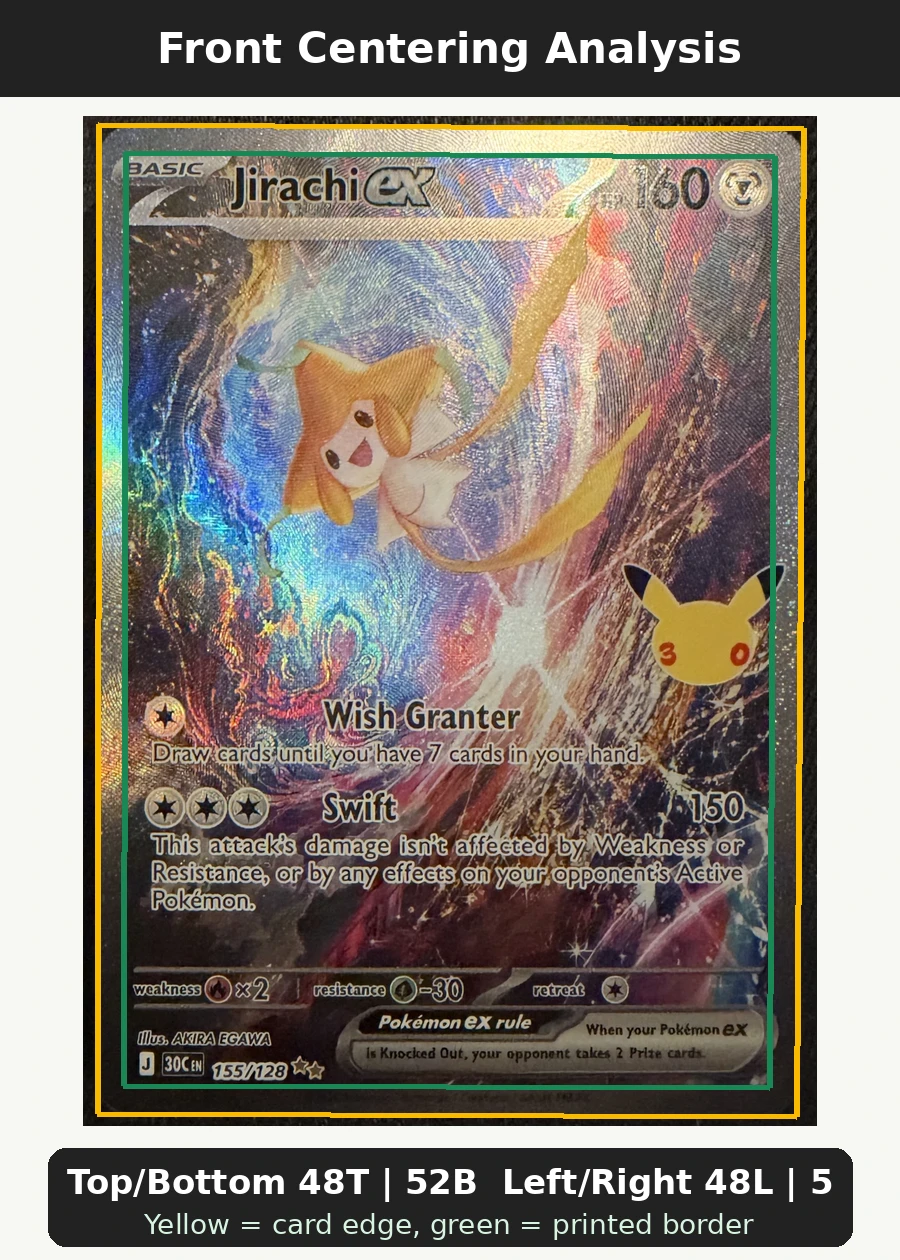 Jirachi ex 155/128 30th Celebration front centering analysis showing Top/Bottom 48T | 52B and Left/Right 48L | 52R.