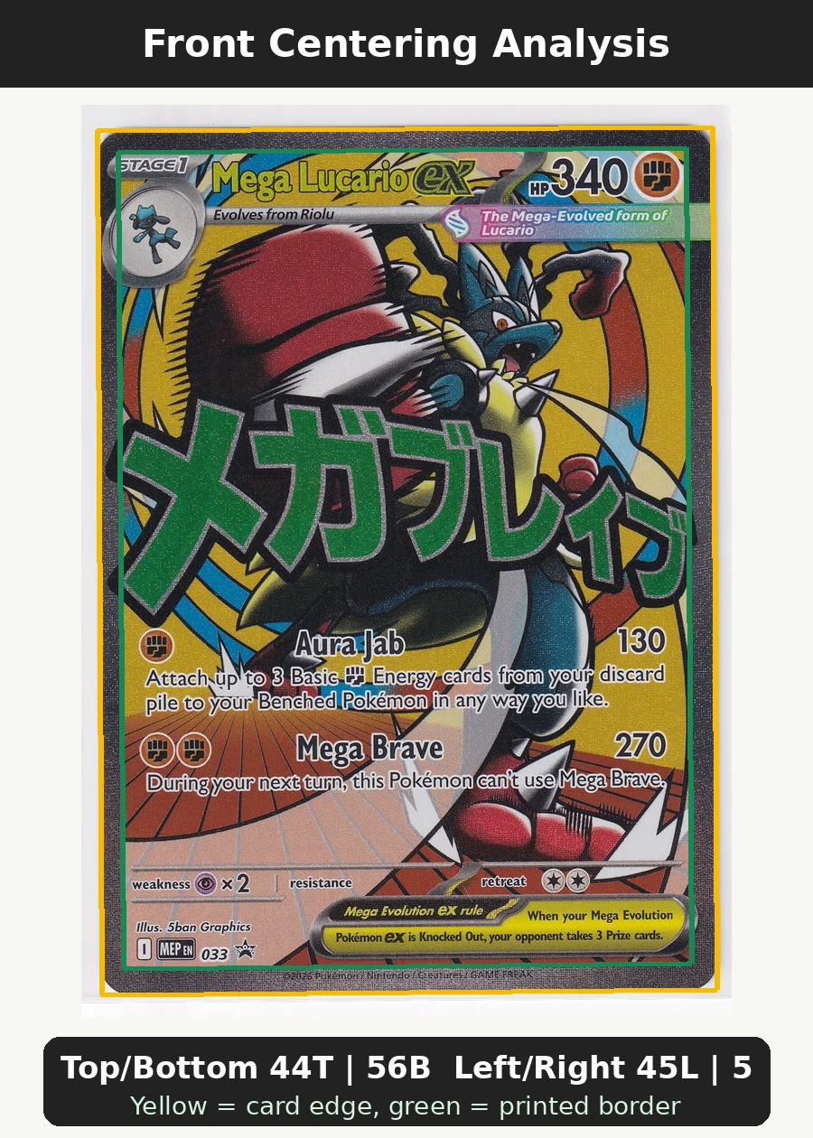 Mega Lucario ex 033 MEP Black Star Promos front centering analysis showing Top/Bottom 44T | 56B and Left/Right 45L | 55R.
