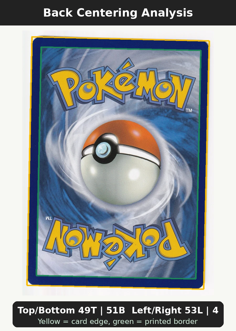 Meowth ex 107/88 Perfect Order back centering analysis showing Top/Bottom 49T | 51B and Left/Right 53L | 47R.