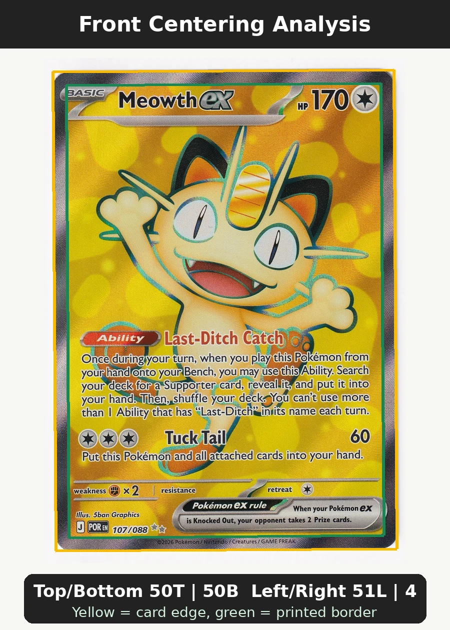 Meowth ex 107/88 Perfect Order front centering analysis showing Top/Bottom 50T | 50B and Left/Right 51L | 49R.