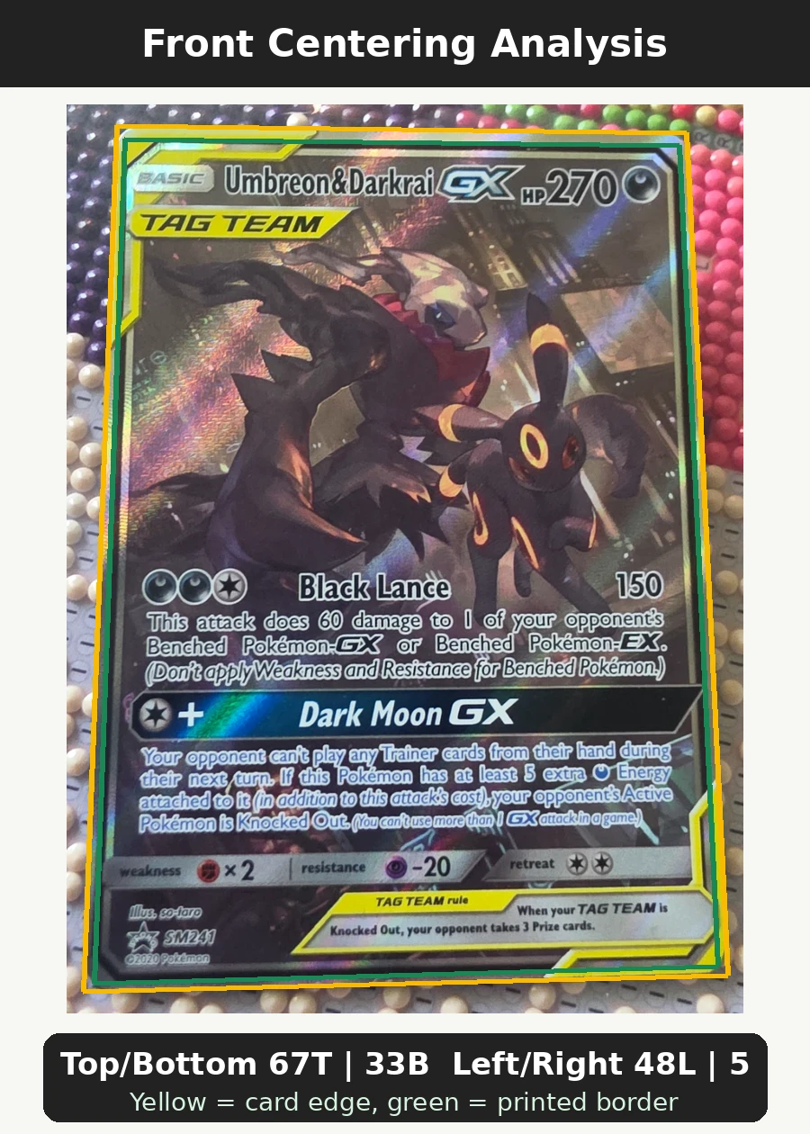 Lunala GX 066/149 Sun & Moon front centering analysis showing Top/Bottom 67T | 33B and Left/Right 48L | 52R.