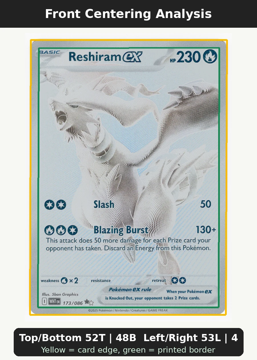 Reshiram ex 173/86 White Flare front centering analysis showing Top/Bottom 52T | 48B and Left/Right 53L | 47R.
