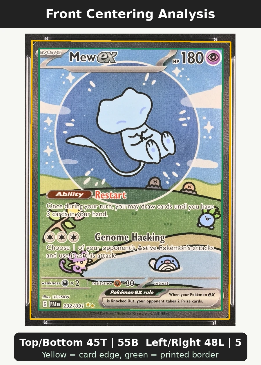 Mew ex 232/91 Paldean Fates front centering analysis showing Top/Bottom 45T | 55B and Left/Right 48L | 52R.