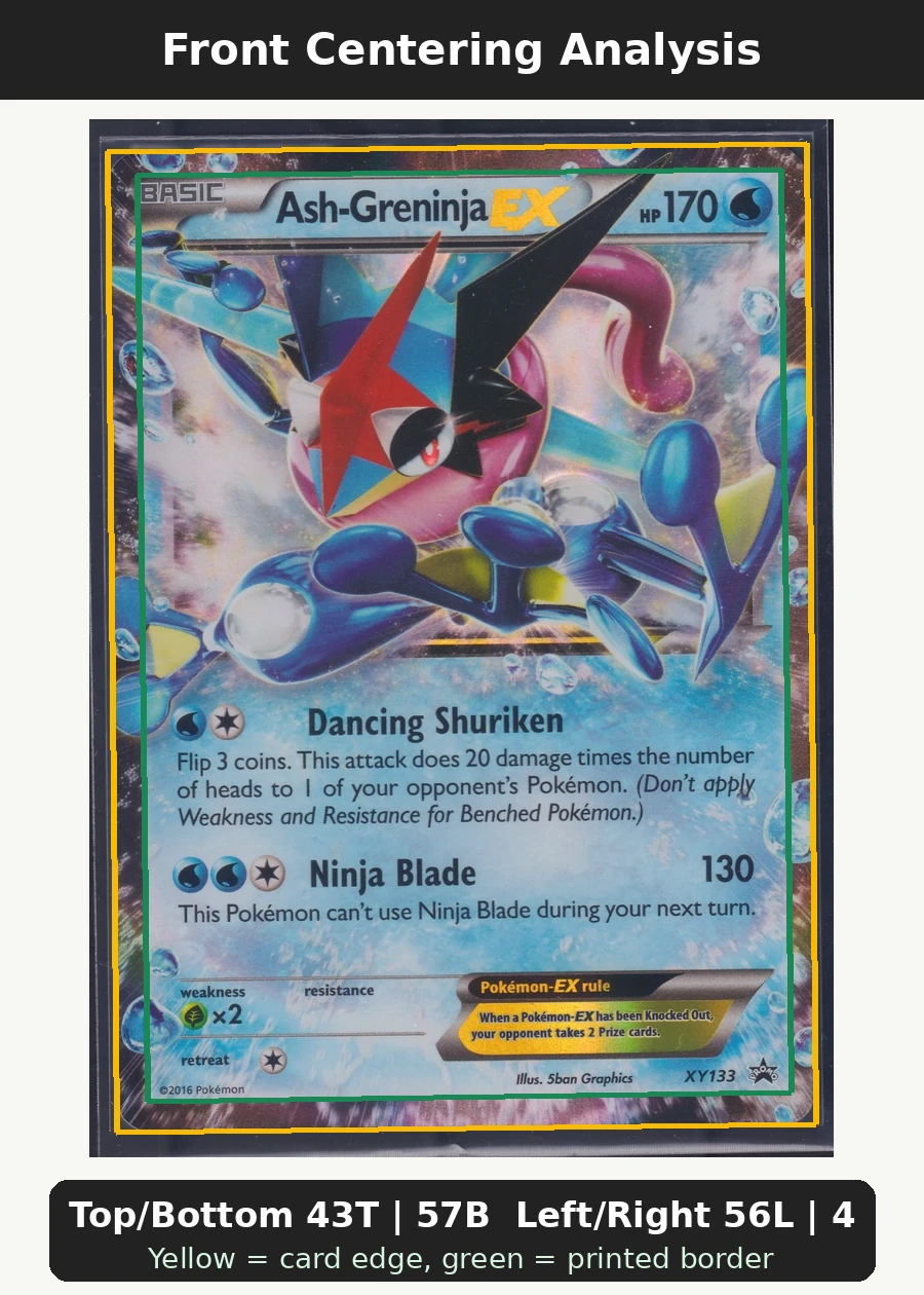 Ash Greninja EX XY133/211 XY Black Star Promos front centering analysis showing Top/Bottom 43T | 57B and Left/Right 56L | 44R.