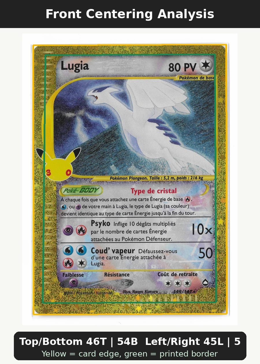 Lugia 029 30th Classic Collection front centering analysis showing Top/Bottom 41T | 59B and Left/Right 56L | 44R.