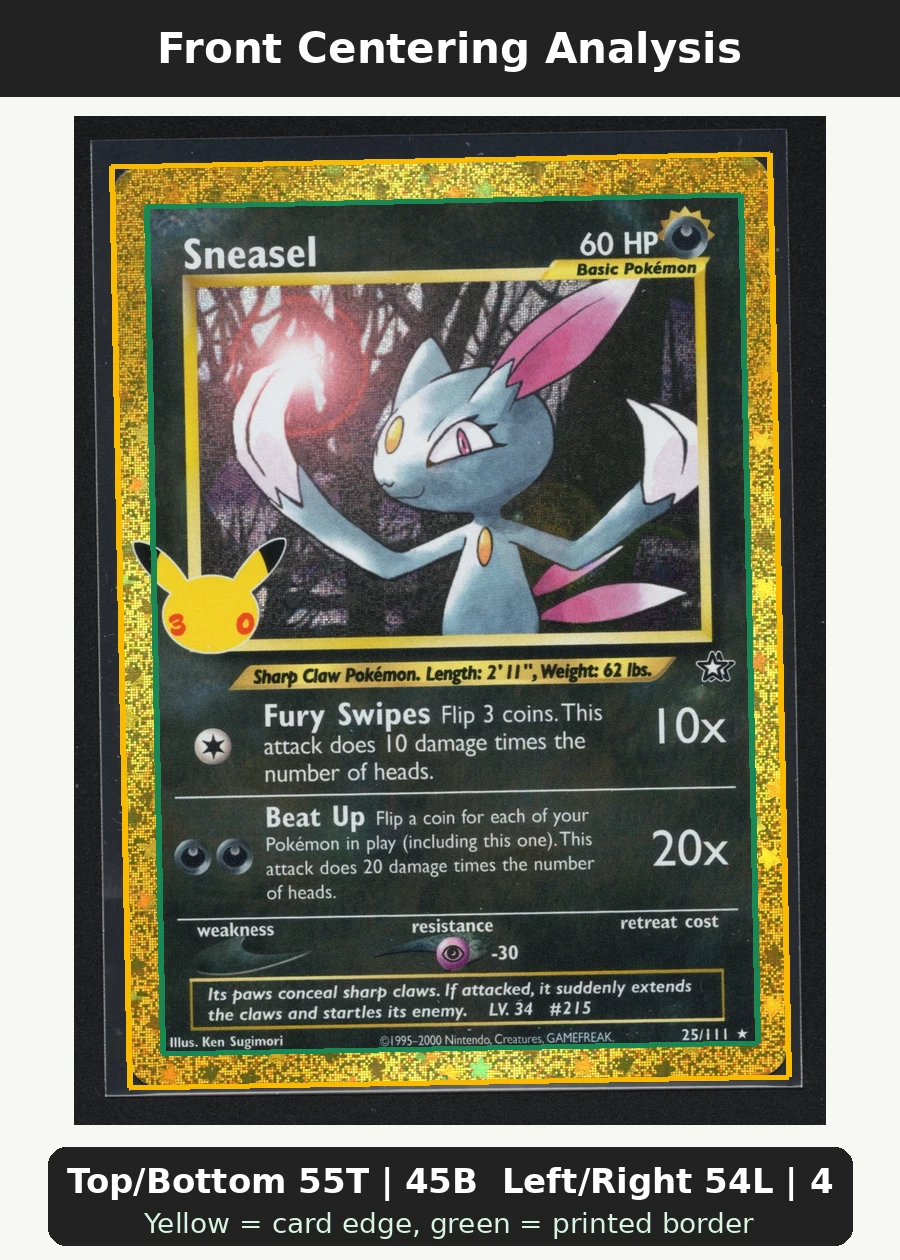 Sneasel 025 30th Classic Collection front centering analysis showing Top/Bottom 55T | 45B and Left/Right 54L | 46R.