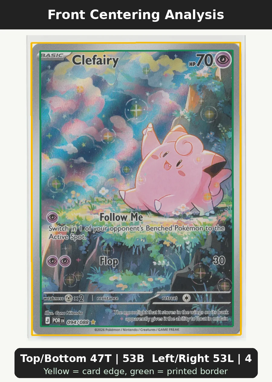 Clefairy 094/88 Perfect Order front centering analysis showing Top/Bottom 47T | 53B and Left/Right 53L | 47R.