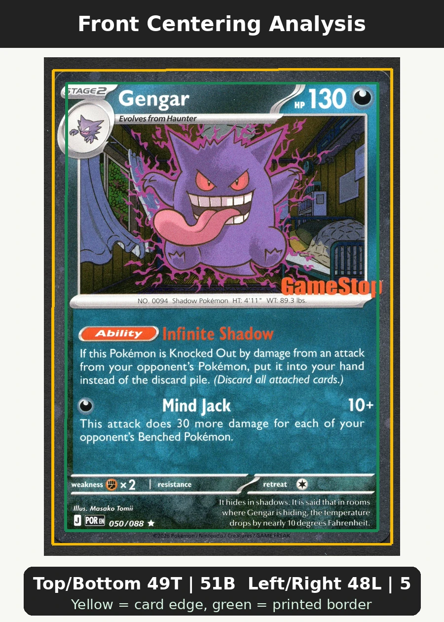 Gengar 050/88 Perfect Order front centering analysis showing Top/Bottom 49T | 51B and Left/Right 48L | 52R.