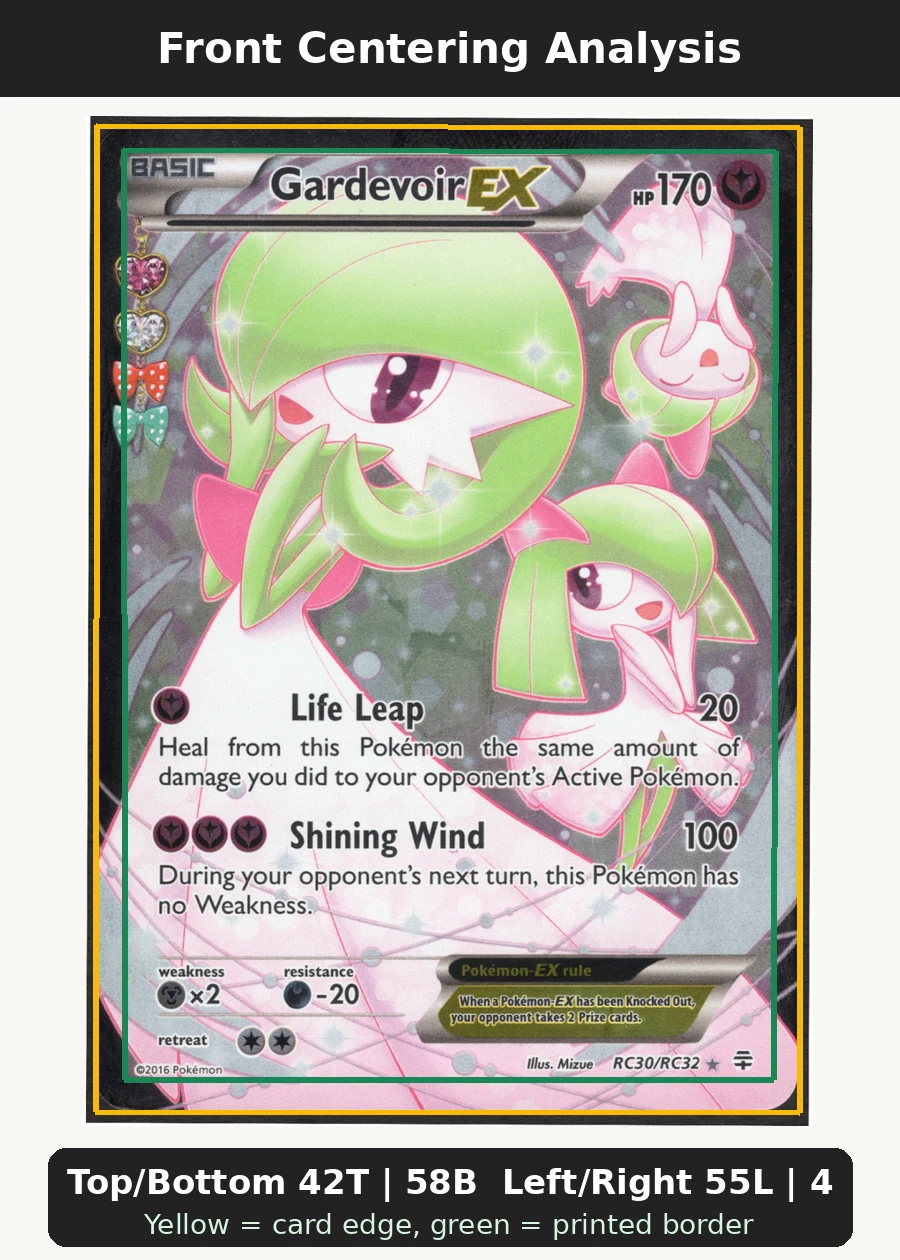 Gardevoir EX RC30/83 Generations front centering analysis showing Top/Bottom 42T | 58B and Left/Right 55L | 45R.