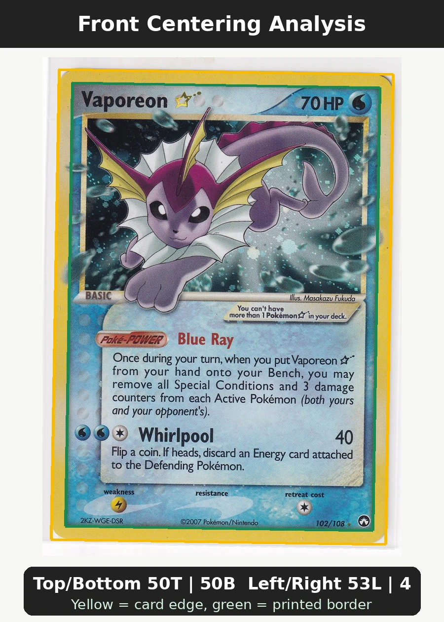 Vaporeon Star 102/108 Power Keepers front centering analysis showing Top/Bottom 50T | 50B and Left/Right 53L | 47R.
