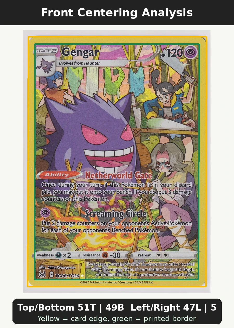 Gengar TG06/196 Lost Origin front centering analysis showing Top/Bottom 51T | 49B and Left/Right 47L | 53R.
