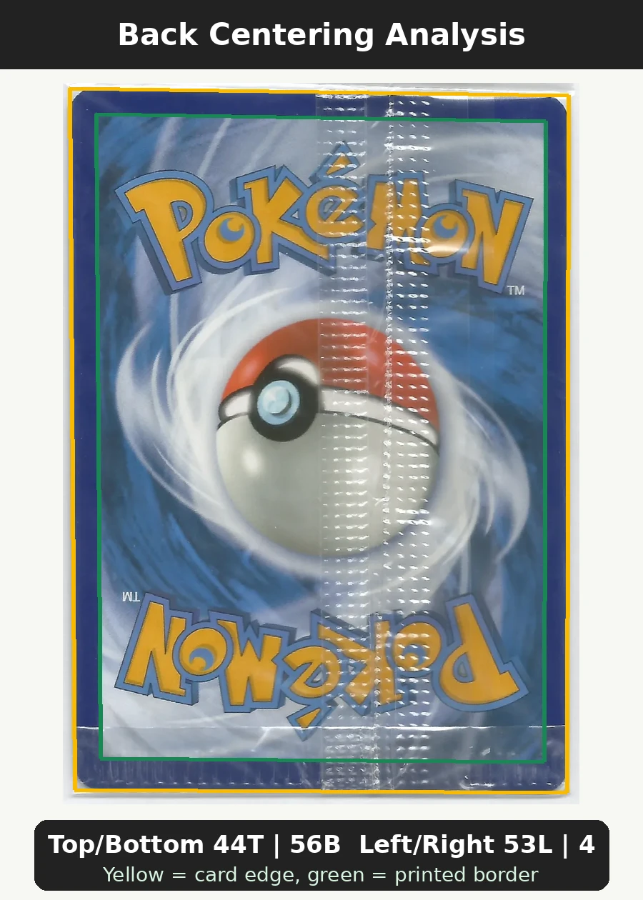 Pikachu 027/225 SVP Black Star Promos back centering analysis showing Top/Bottom 44T | 56B and Left/Right 53L | 47R.