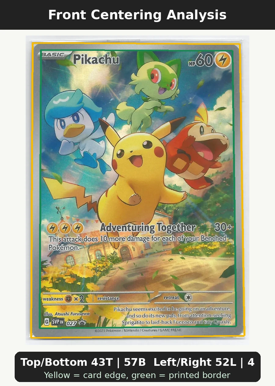 Pikachu 027/225 SVP Black Star Promos front centering analysis showing Top/Bottom 43T | 57B and Left/Right 52L | 48R.